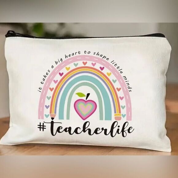 NWT - Cream Canvas Pouch with Rainbow Design Teacher Life- Makeup Bag Pencil Bag - Picture 1 of 5